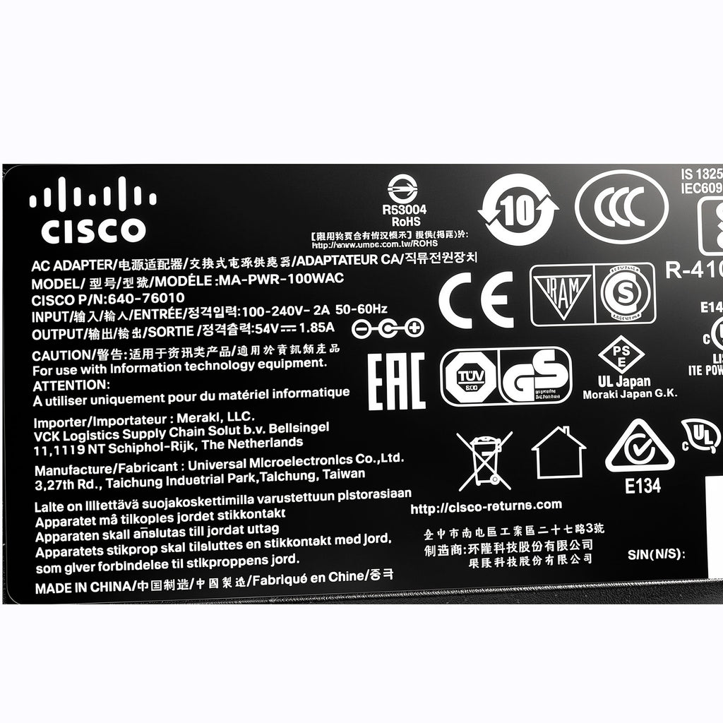 Cisco Meraki MA-PWR-100WAC 100W AC Adapter 54V Power Supply for MX68 MX68W MX68CW MX75 Security SD-WAN Network Appliance Replacement PSU