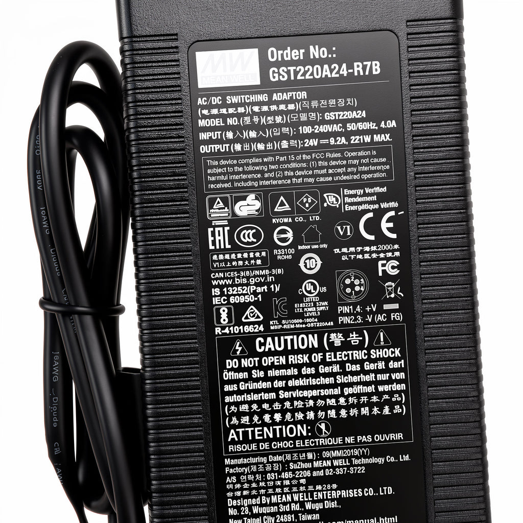 Mean Well 220W AC Power Adapter GST220A24-R7B 24V 9.21A Charger Power Supply with 4-Pin DIN Locking Plug for Industrial Equipment, LED Lighting & I.T.E Devices