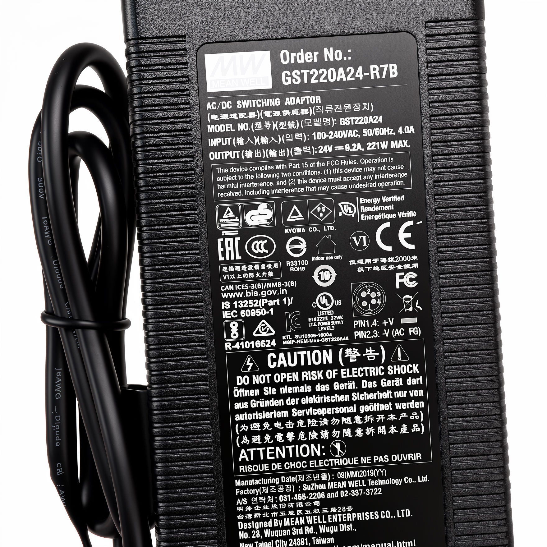 Mean Well 220W AC Power Adapter GST220A24-R7B 24V 9.21A Charger Power Supply with 4-Pin DIN Locking Plug for Industrial Equipment, LED Lighting & I.T.E Devices