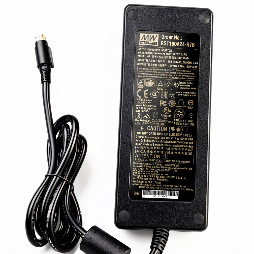 Original Mean Well 160W AC Power Adapter GST160A24-R7B 24V 6.67A Charger Power Supply with 4-Pin DIN Locking Plug for Industrial Equipment, LED Lighting & I.T.E Devices