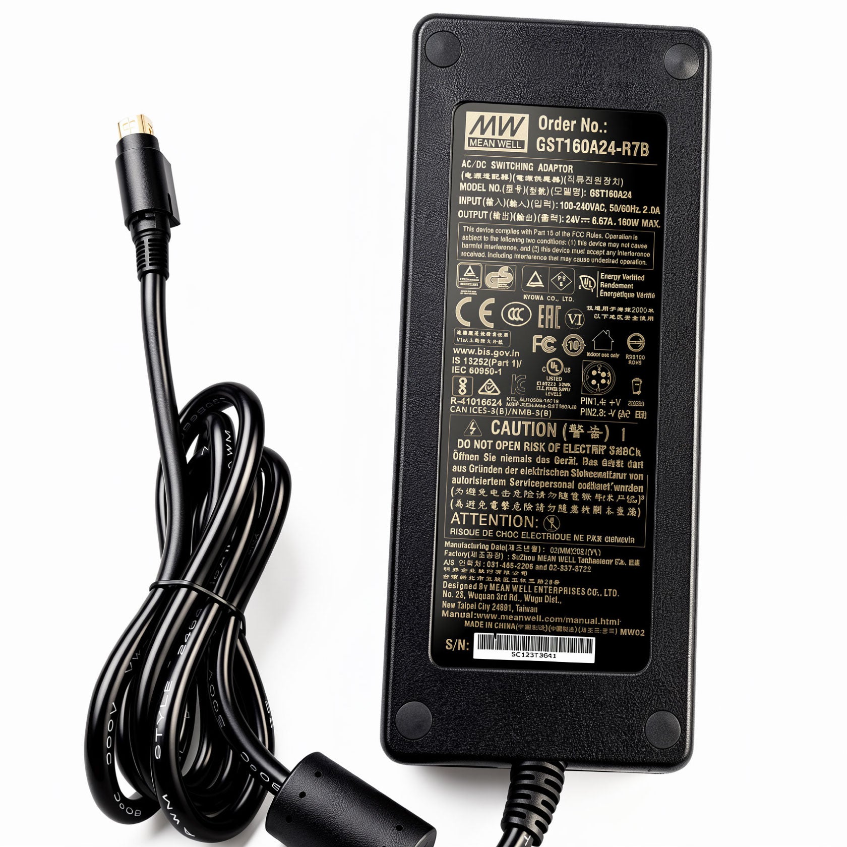 Original Mean Well 160W AC Power Adapter GST160A24-R7B 24V 6.67A Charger Power Supply with 4-Pin DIN Locking Plug for Industrial Equipment, LED Lighting & I.T.E Devices