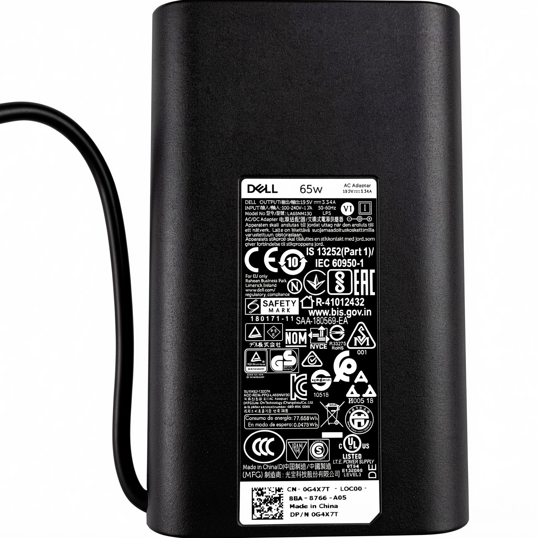 Dell 65W AC Power Adapter 0G4X7T G4X7T LA65NM130 19.5V 3.34A Charger for Latitude and Enterprise Chromebook Laptop