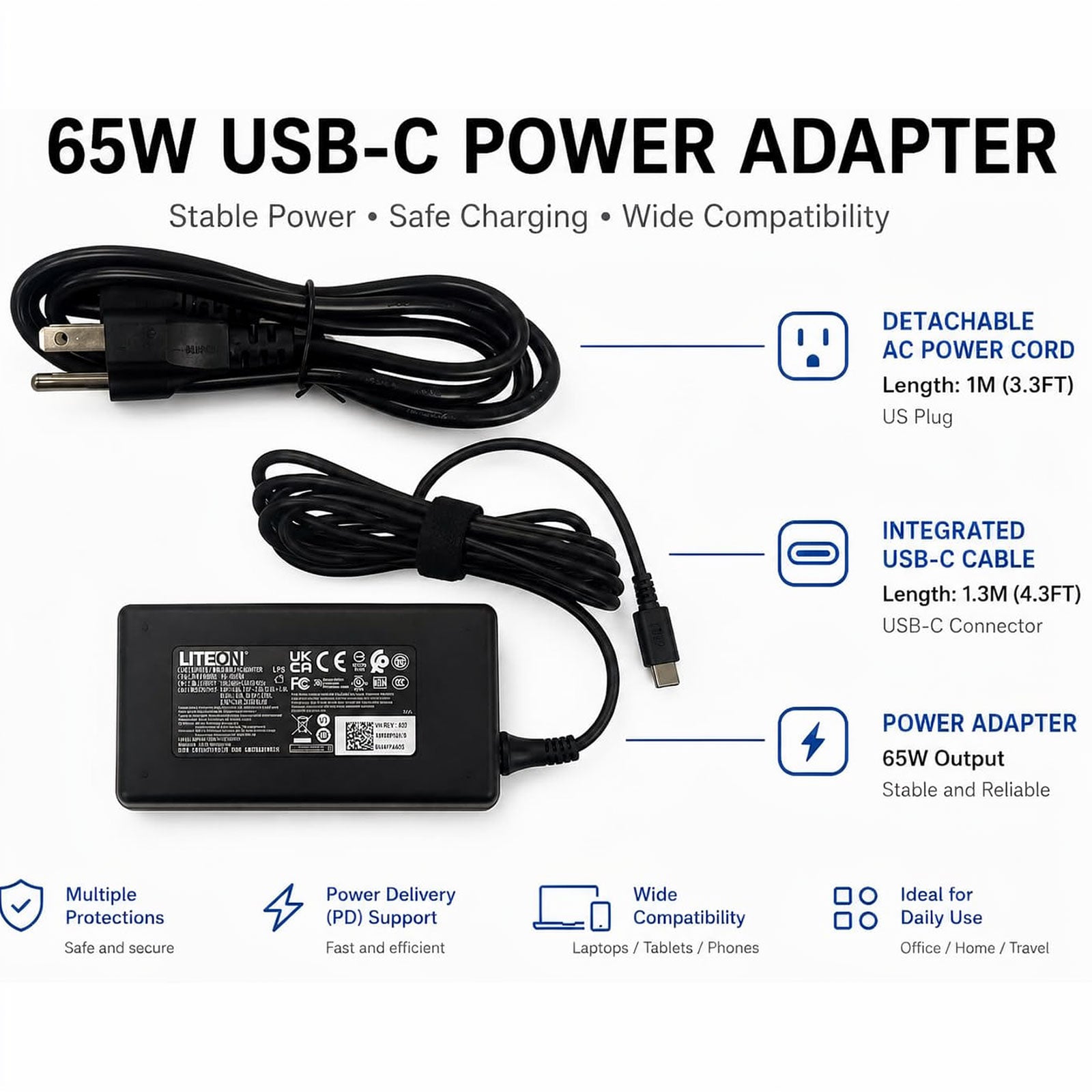 65W USB-C PD Charger for MacBook Dell XPS HP Spectre Lenovo ThinkPad Lite-On PA-1650-58