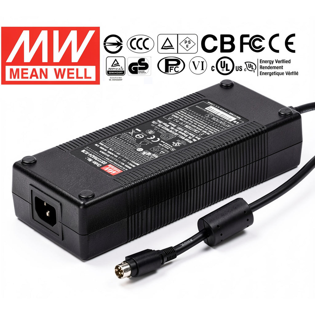 Mean Well 220W AC Power Adapter GST220A24-R7B 24V 9.21A Charger Power Supply with 4-Pin DIN Locking Plug for Industrial Equipment, LED Lighting & I.T.E Devices