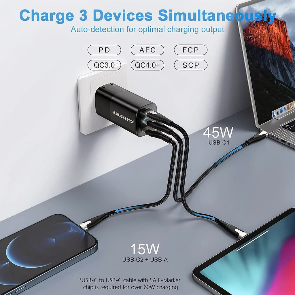AbleGrid 65W USB-C charger powering MacBook and USB-C laptops