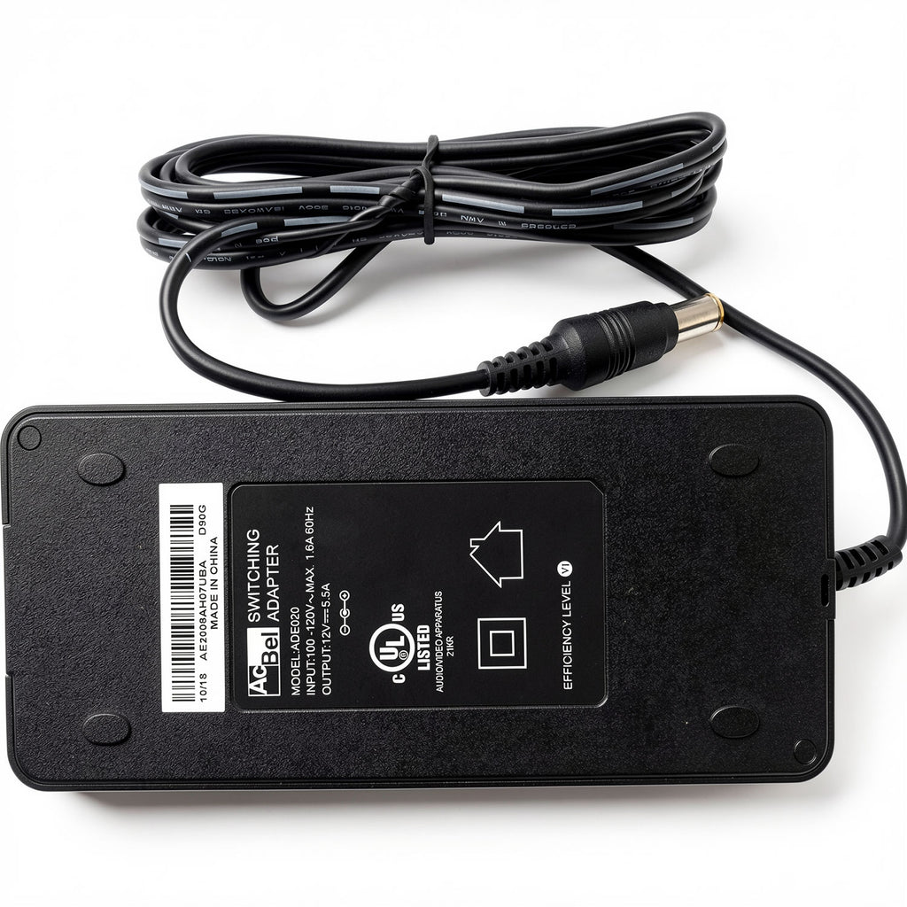 AcBel 66W AC power adapter ADE020, 12V 5.5A switching charger with 6.5mm x 4.4mm center pin for medical monitors.