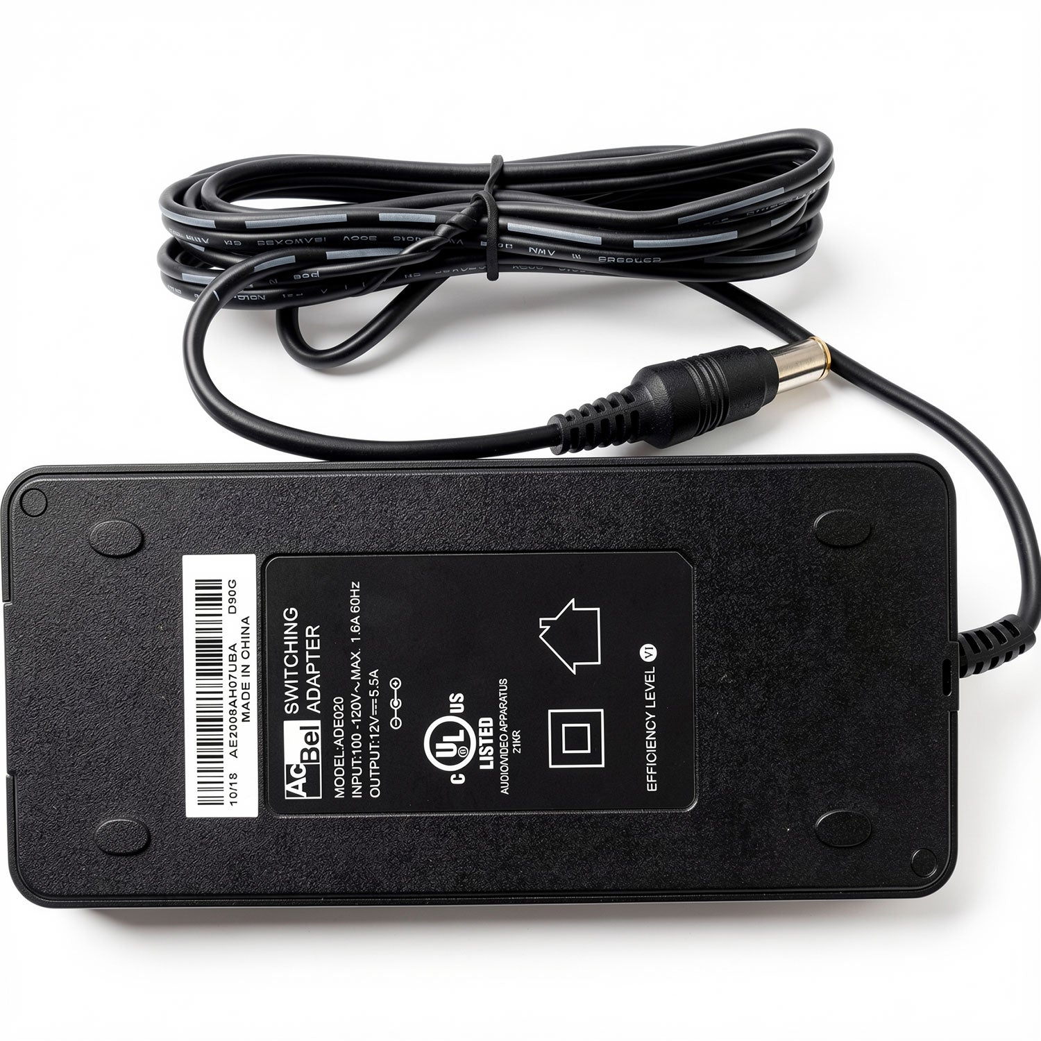 AcBel 66W AC power adapter ADE020, 12V 5.5A switching charger with 6.5mm x 4.4mm center pin for medical monitors.