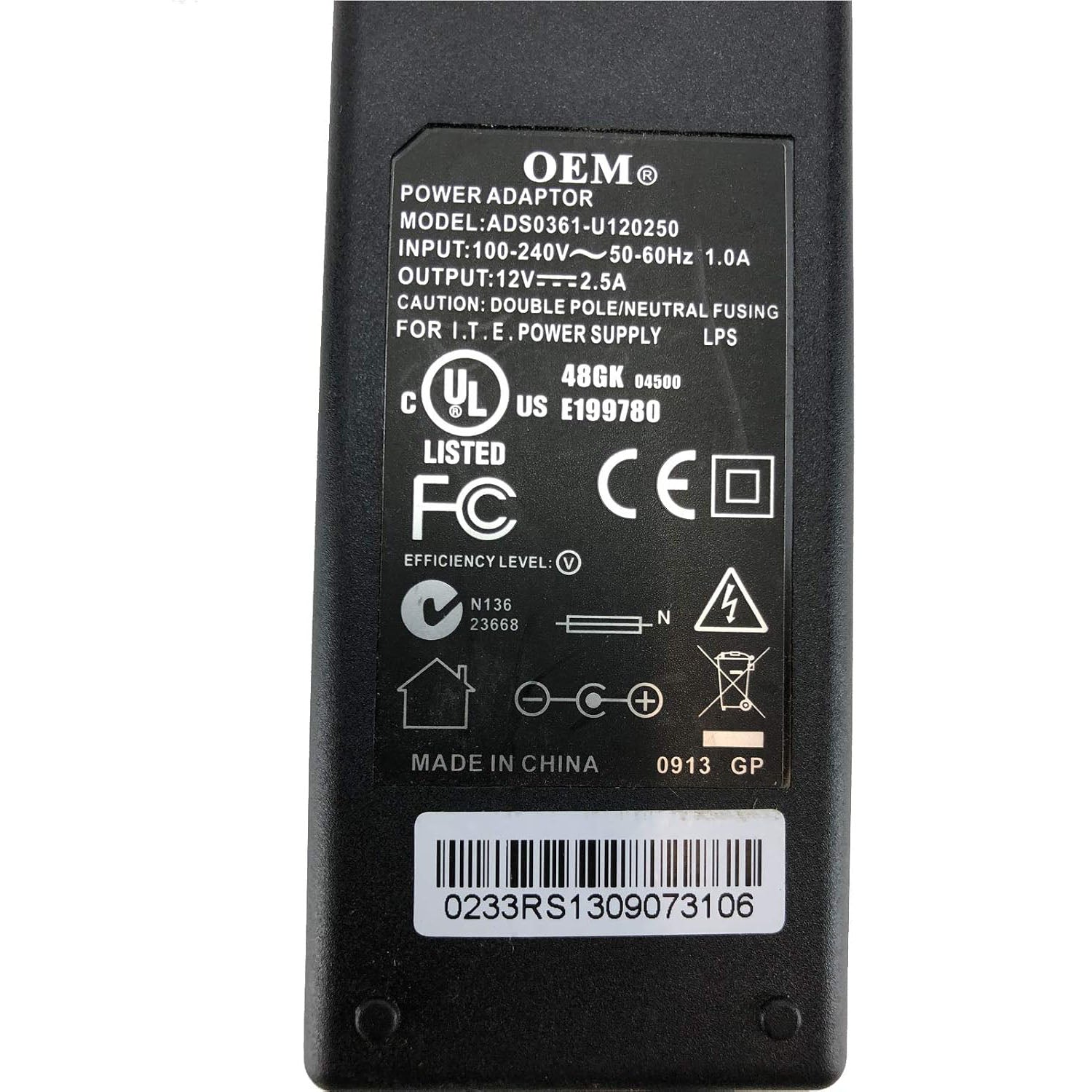 ADS0361-U120250 12V 2.5A 30W AC/DC power adapter replacement for electronics.