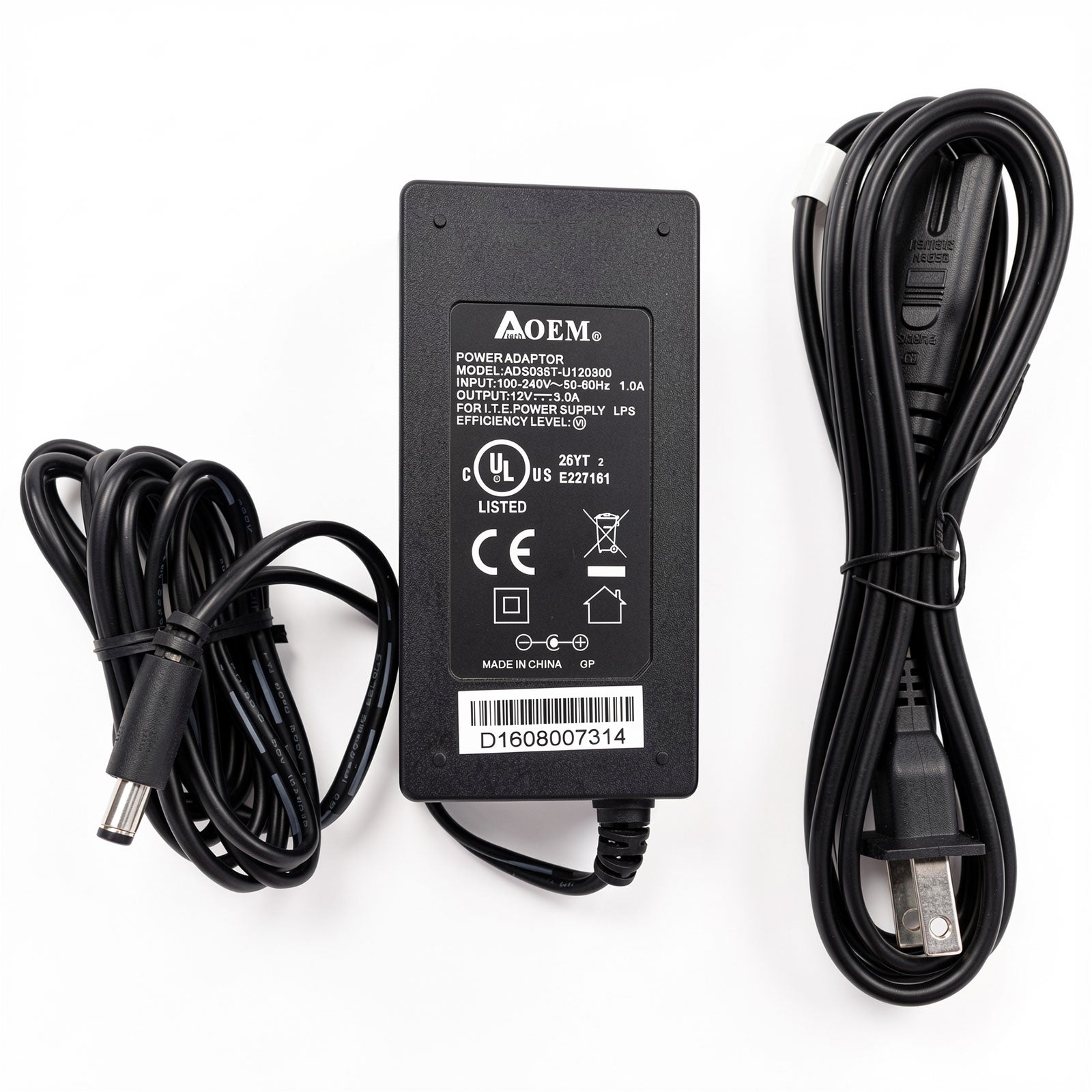AOEM ADS039T-U120300 12V 3A 36W AC/DC Adapter 5.5×2.1mm Barrel Connector