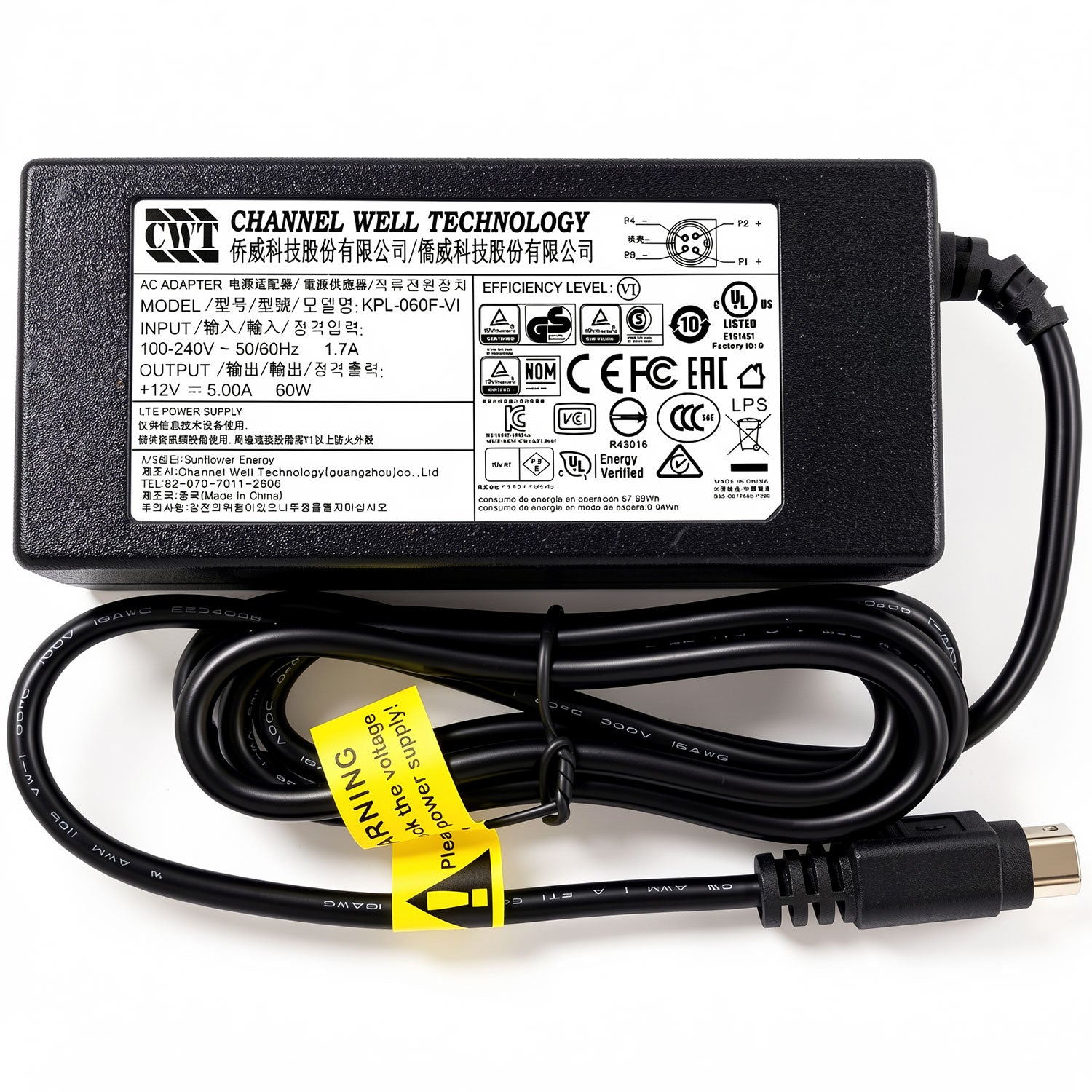 CWT 60W AC power adapter KPL-060F-VI, 12V 5A charger with 4-pin DIN connector for Hikvision and Dahua DVR NVR.