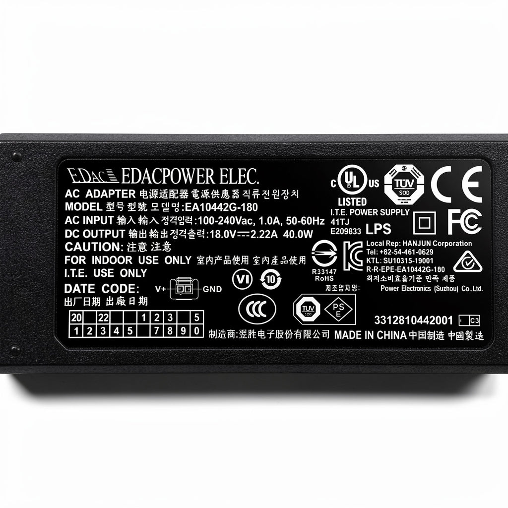 EDAC EA10442G-180 40W AC Adapter 18V 2.22A with 2-Pin Rectangular DC Connector