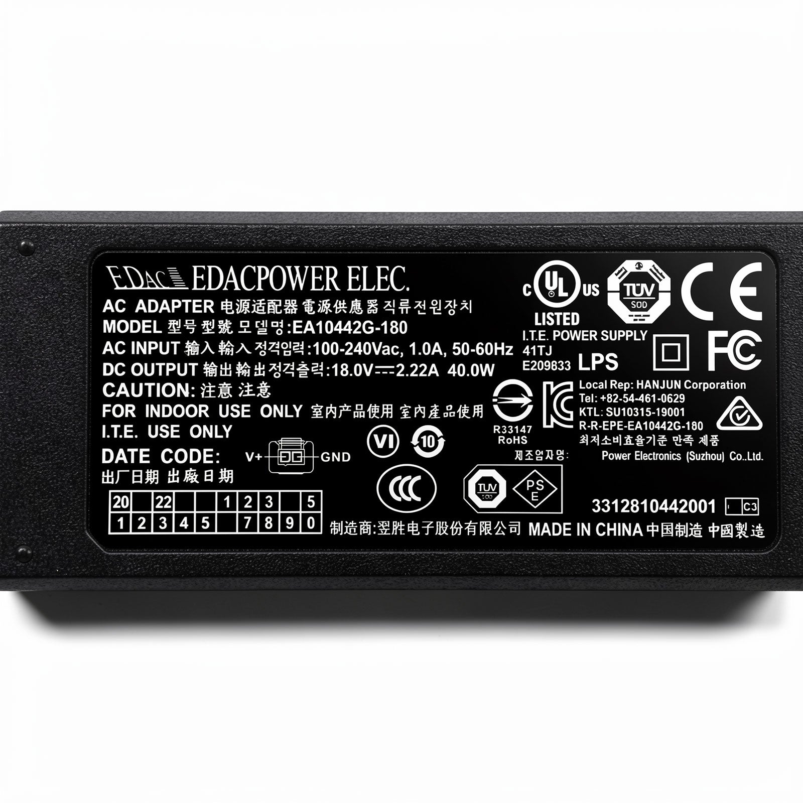 EDAC EA10442G-180 40W AC Adapter 18V 2.22A with 2-Pin Rectangular DC Connector