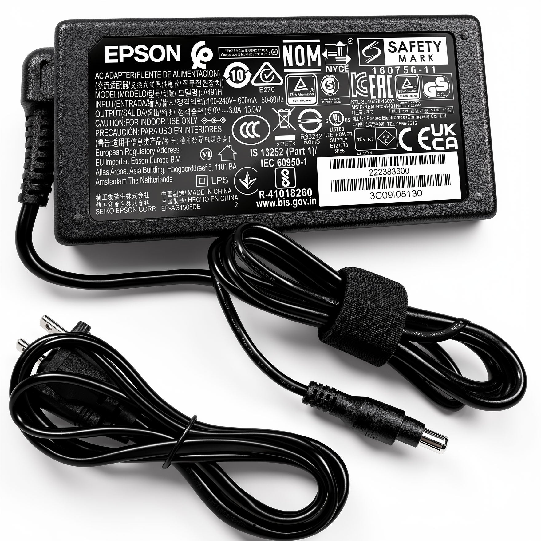Epson A491H 15W AC Adapter 5V 3A, 5.5x2.1mm charger for Android TV box, router, CCTV camera, LED strip, ES-200/ES-300W scanner