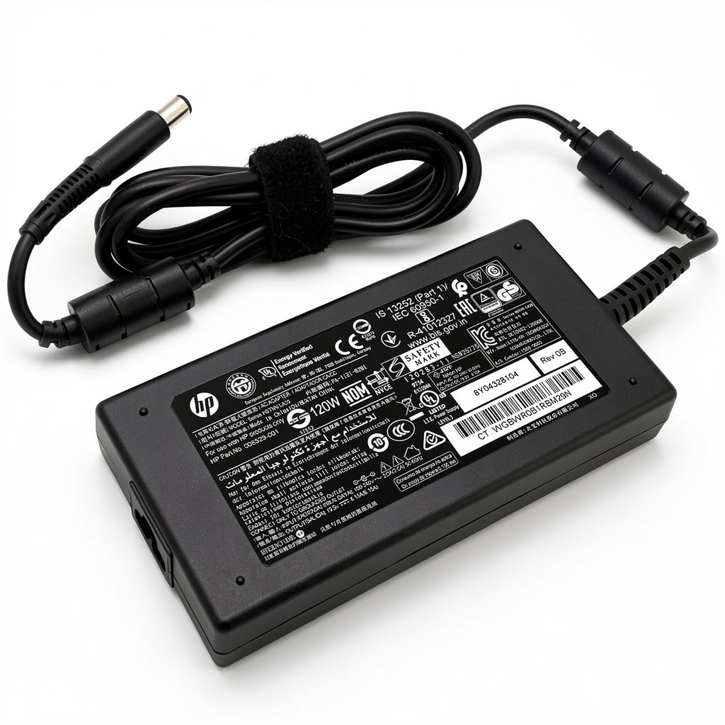 HP 120W AC power adapter HSTNN-LA25, 19.5V 6.15A charger with 7.4mm smart pin.