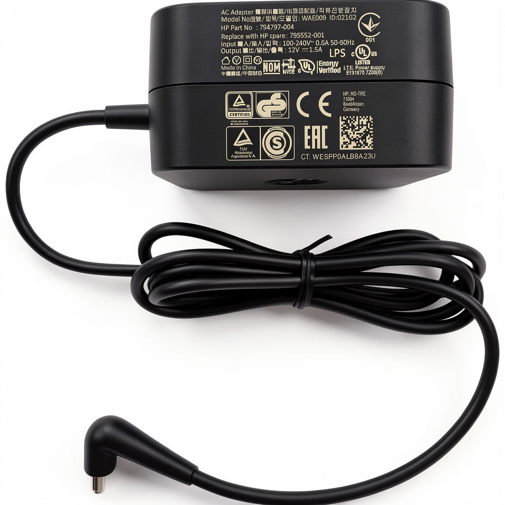 HP 18W AC power adapter WAE009, 12V 1.5A charger with 3.0mm x 1.0mm mini tip for Omni 10 and Pro Tablet.