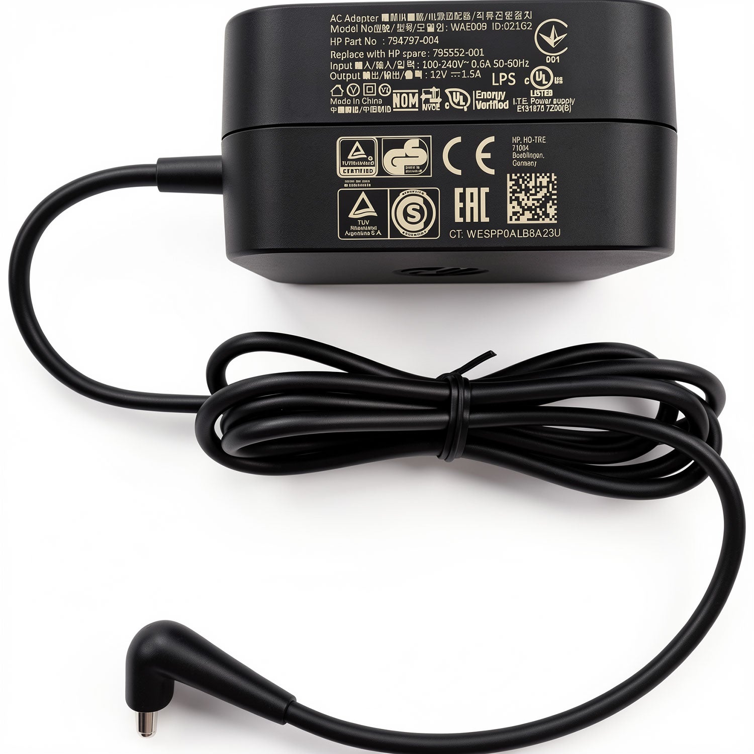 HP 18W AC power adapter WAE009, 12V 1.5A charger with 3.0mm x 1.0mm mini tip for Omni 10 and Pro Tablet.