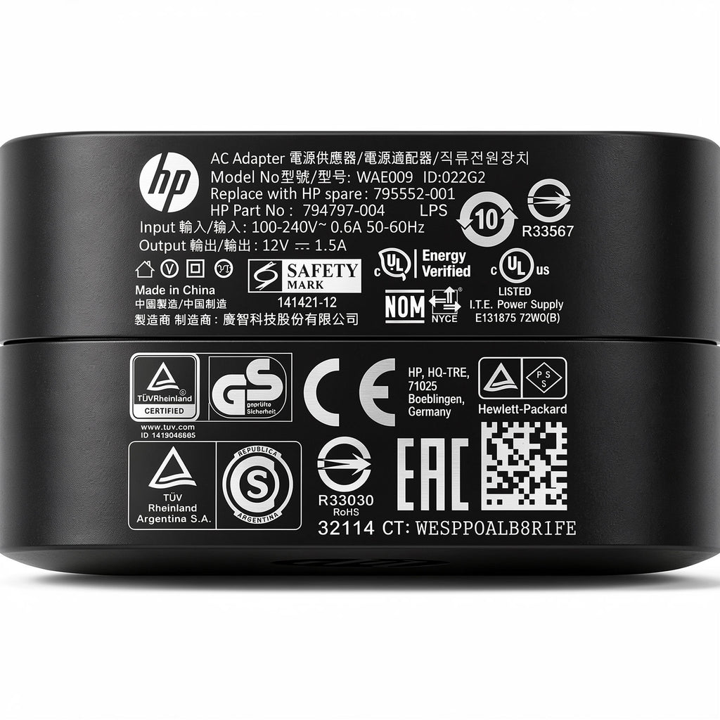 HP 18W AC power adapter WAE009, 12V 1.5A charger with 3.0mm x 1.0mm mini tip for Omni 10 and Pro Tablet.