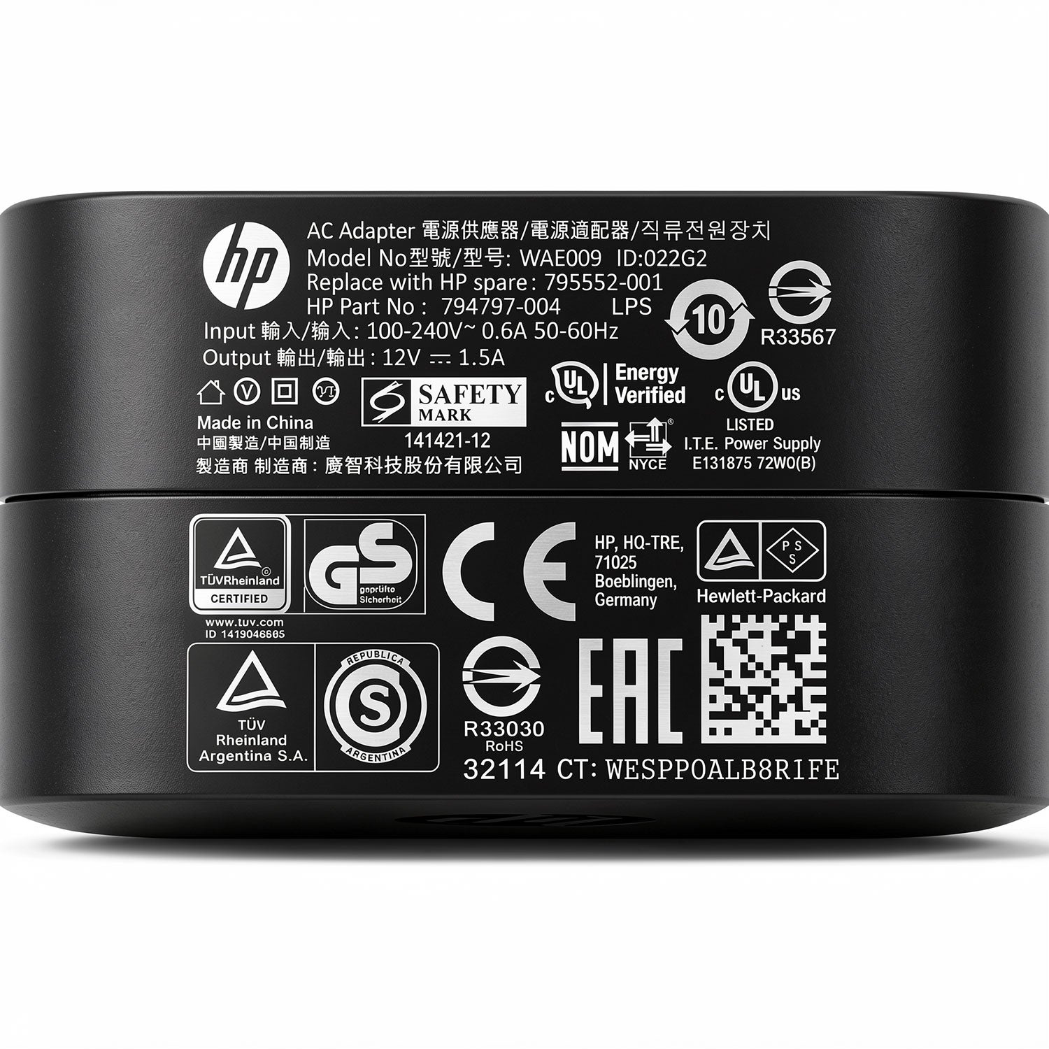HP 18W AC power adapter WAE009, 12V 1.5A charger with 3.0mm x 1.0mm mini tip for Omni 10 and Pro Tablet.