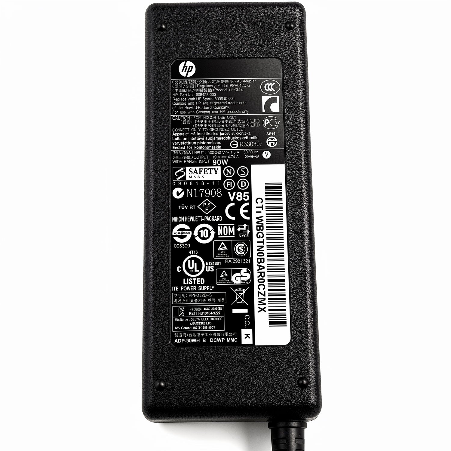 HP 90W AC power adapter PPP012L-S, 19V 18.5V 4.74A charger with 7.4mm smart pin for ProBook and EliteBook.