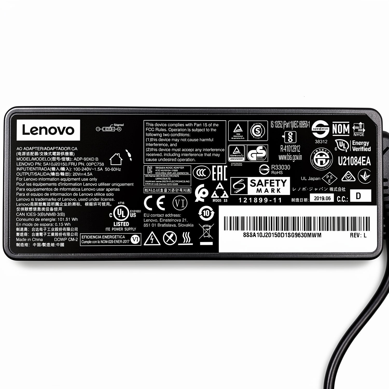 Lenovo 90W AC power adapter ADLX90NDC3A ADP-90XD B, 20V 4.5A charger with square slim tip for ThinkPad.