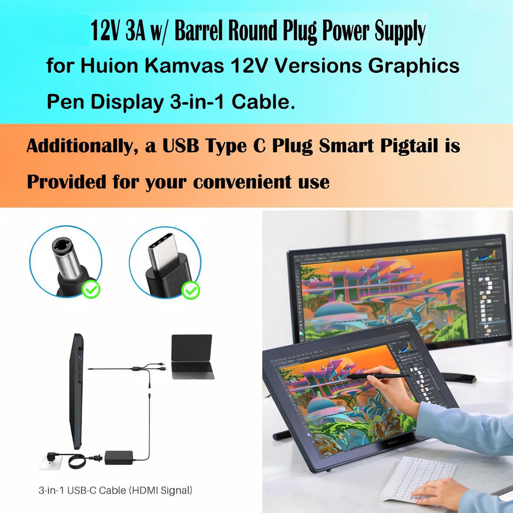 36W Power Supply for Pen Display Monitor 12V 3A with 3.5×1.35mm DC Plug