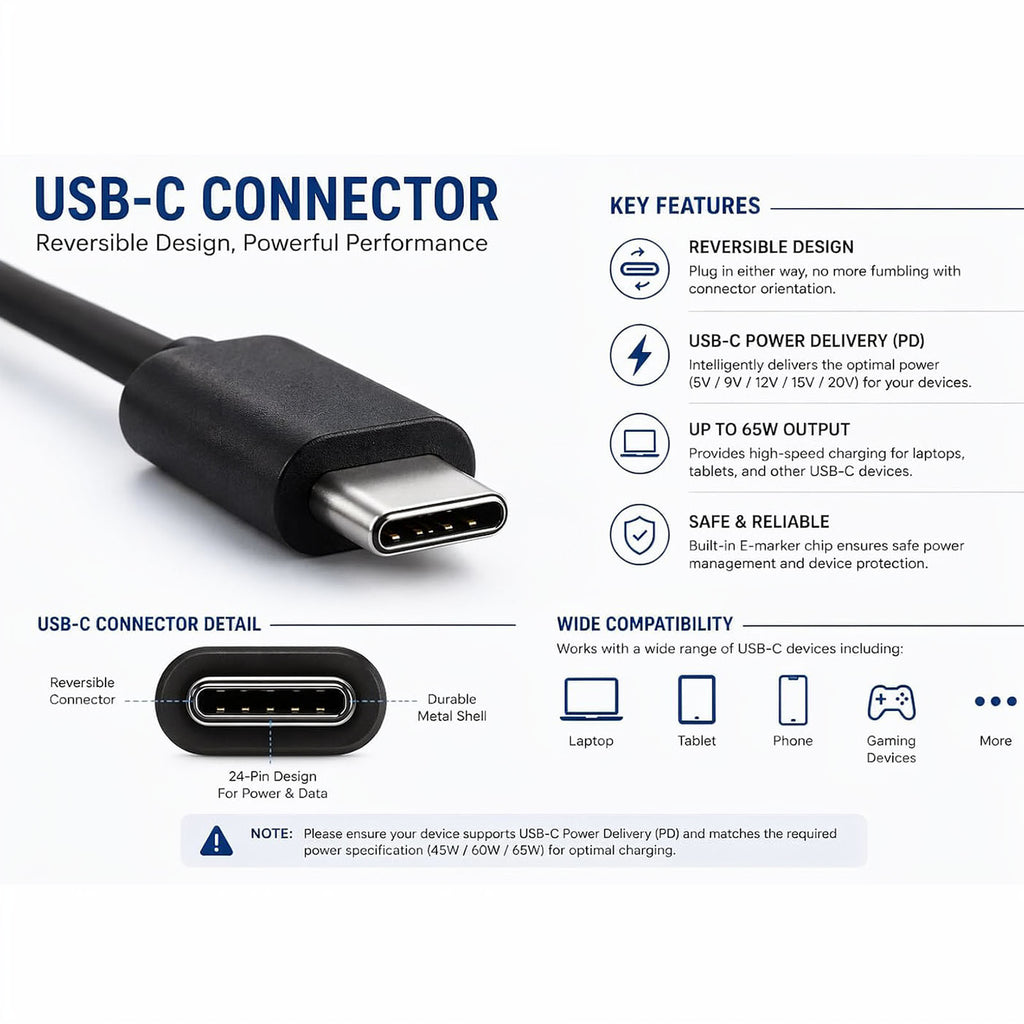 Lightweight 65W USB-C Travel Charger for Laptops Smartphones Tablets Lite-On PA-1650-58
