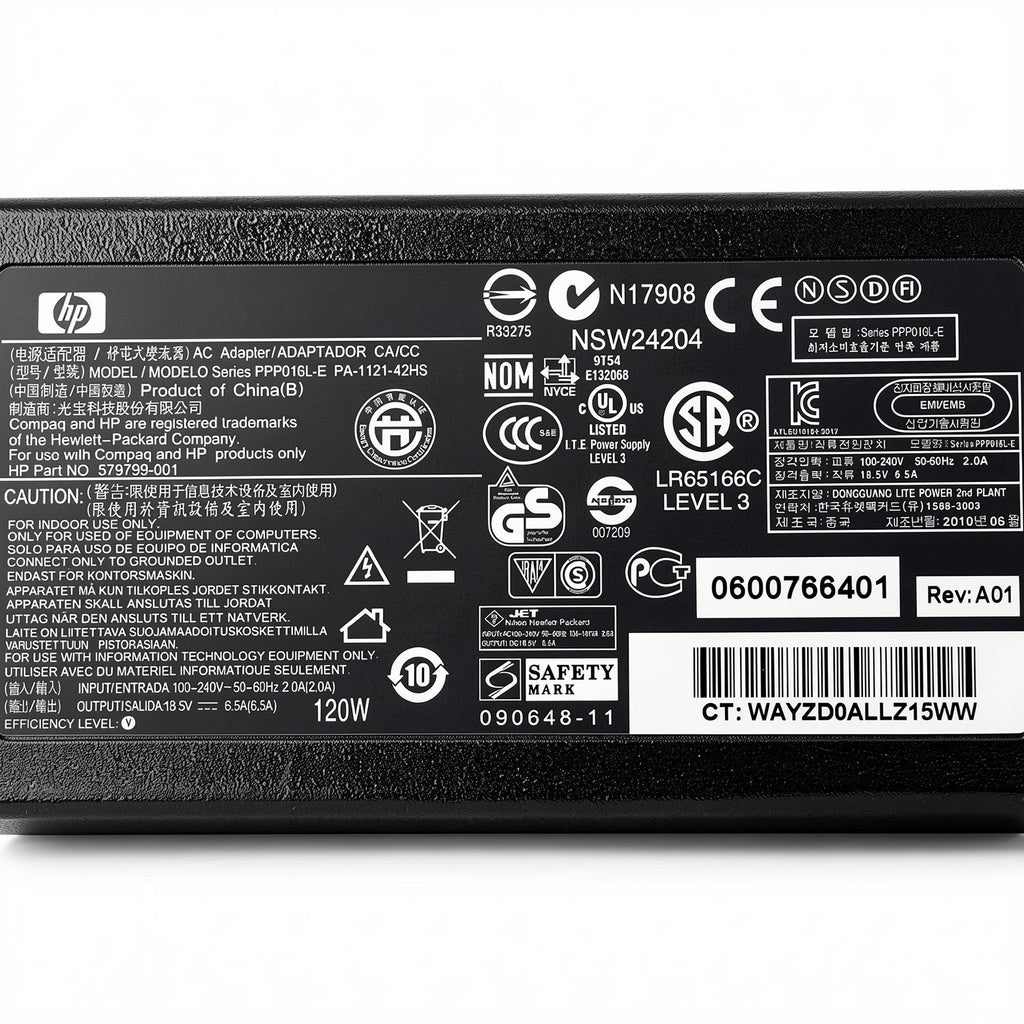 Replacement for HP 579799-001 120W AC adapter, 18.5V 6.5A with 7.4mm smart pin charger.