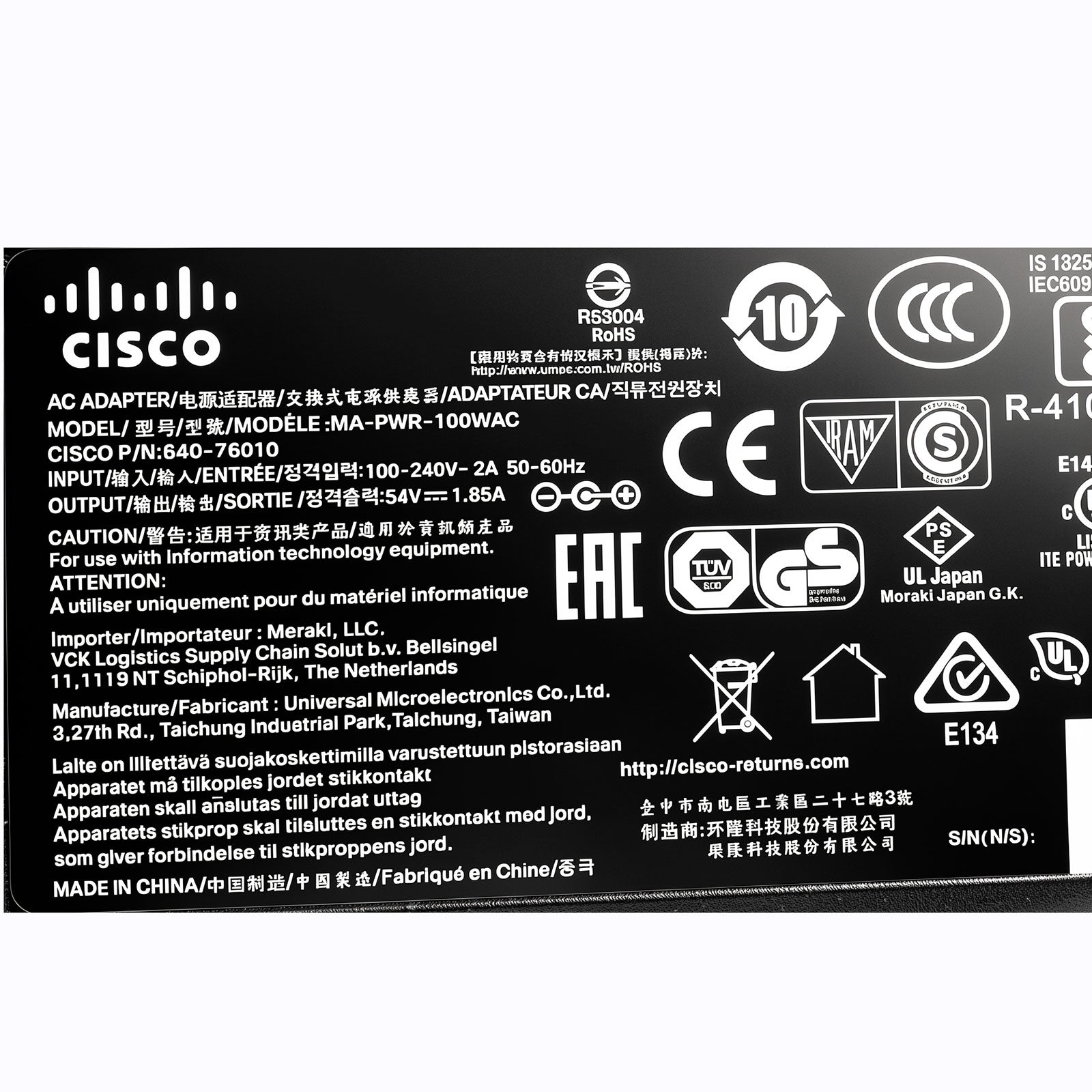 Replacement 100W Power Supply for Cisco Meraki MX68 MX68W MX75 54V 1.85A