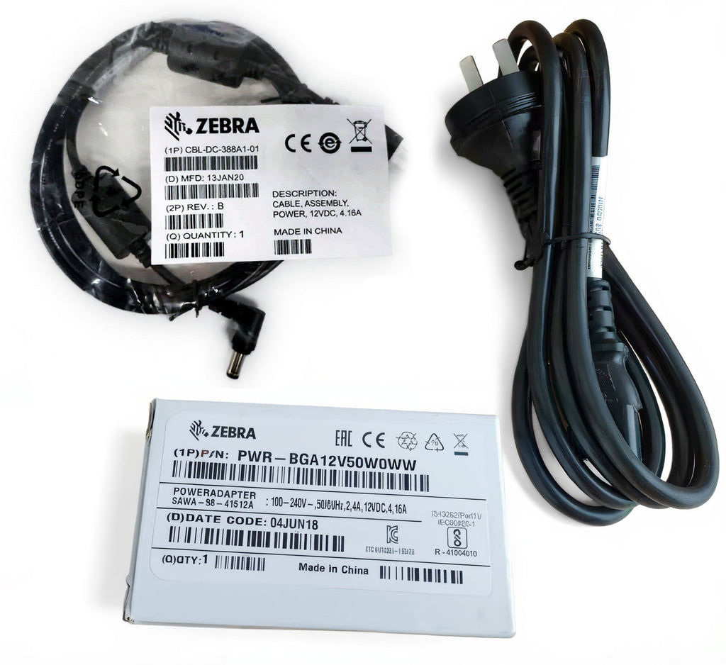 Zebra 50W AC Power Supply Kit PWR-BGA12V50W0WW 12V 4.16A Charger with CBL-DC-388A1-01 DC Cable for Single Slot Cradles & Battery Chargers